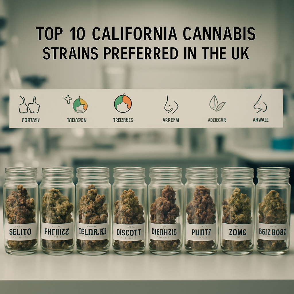 Professional cannabis analysis scene highlighting top UK-favorited Cali strains in glass jars, with graphical